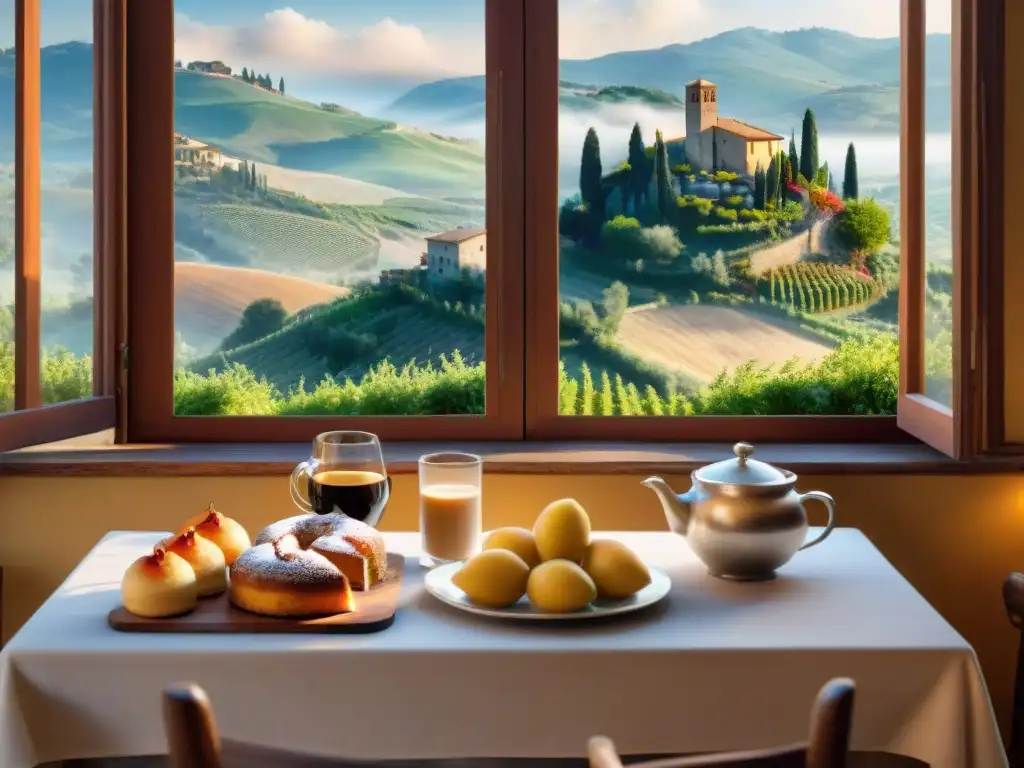 Un desayuno acogedor en un bed and breakfast en Toscana, con pastelería sin gluten y café, con vista a viñedos