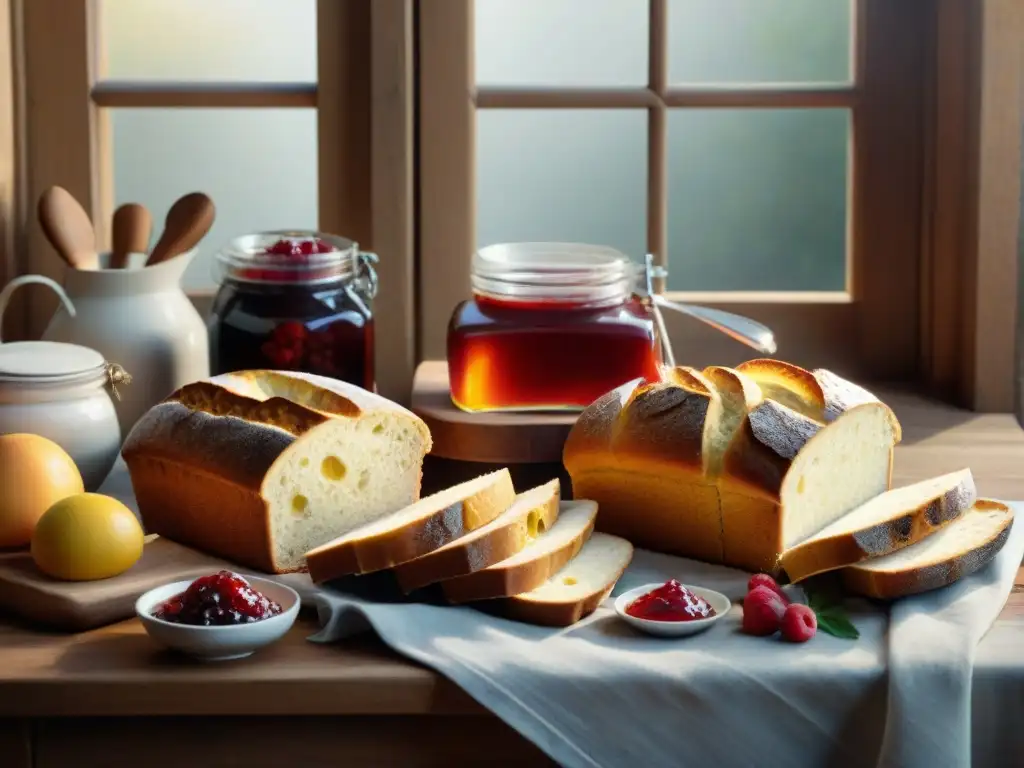 Un desayuno acogedor con pan sin gluten casero, mermelada y café, iluminado por la luz del sol