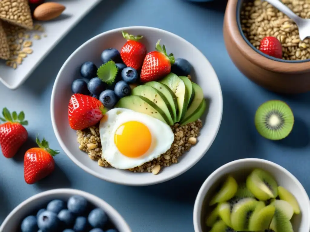 Un desayuno sin gluten y bajo en carbohidratos, con frutas frescas, proteínas y granos, en una cocina luminosa y acogedora