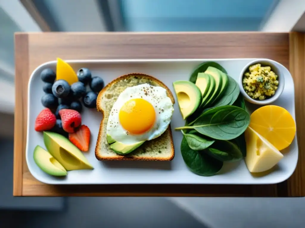 Un desayuno sin gluten y bajo en carbohidratos, con chía, aguacate, huevos y frutas, en una mesa de madera iluminada por el sol