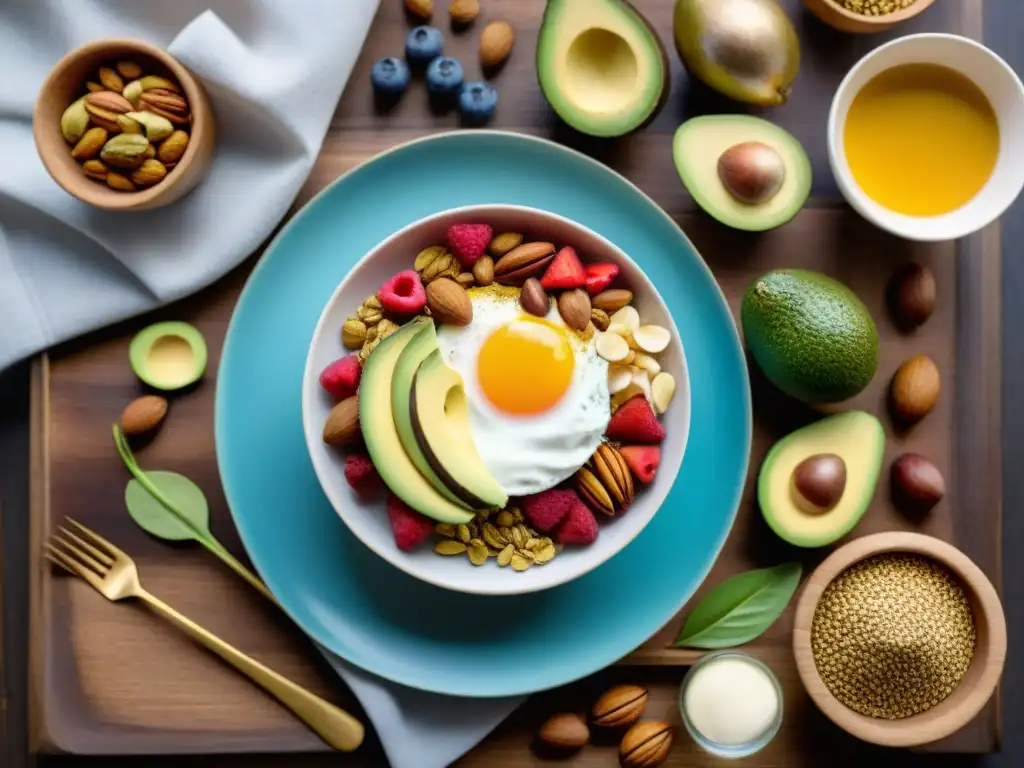 Un desayuno sin gluten y bajo en carbohidratos en una mesa rústica, con una variedad de alimentos frescos y coloridos bajo la cálida luz del sol