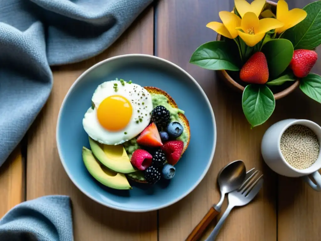 Desayuno sin gluten y bajo en carbohidratos: mesa con chía, aguacate, frutas y café negro en cocina soleada con flores