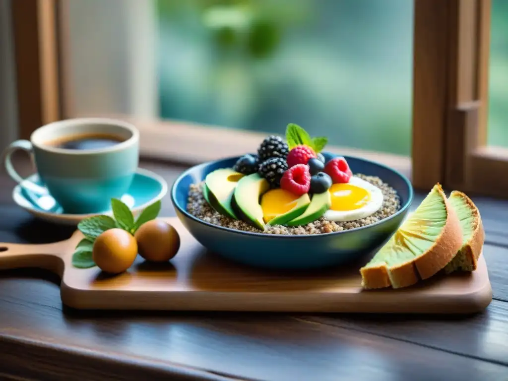 Un desayuno sin gluten y bajo en carbohidratos: variedad de opciones saludables en una mesa rústica con luz cálida