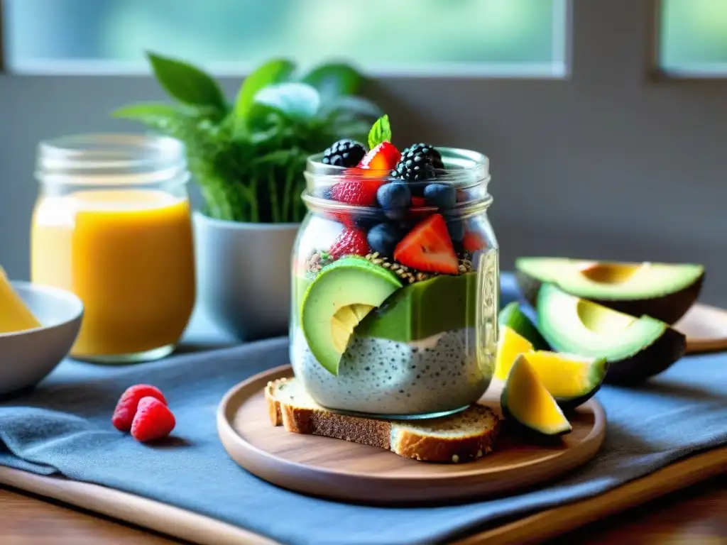 Desayuno colorido sin gluten: chía, aguacate, yogurt, smoothie, luz matutina y planta de fondo