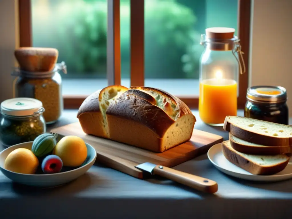 Un desayuno diverso con innovaciones en pan sin gluten, frutas frescas, quesos artesanales y té de hierbas, en una mesa bañada por la luz del sol