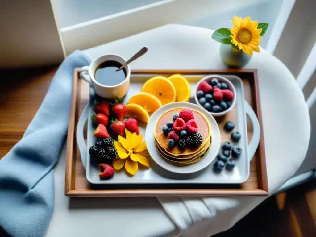 Un desayuno de domingo sin gluten: chía pudding, panqueques dorados, frutas y café