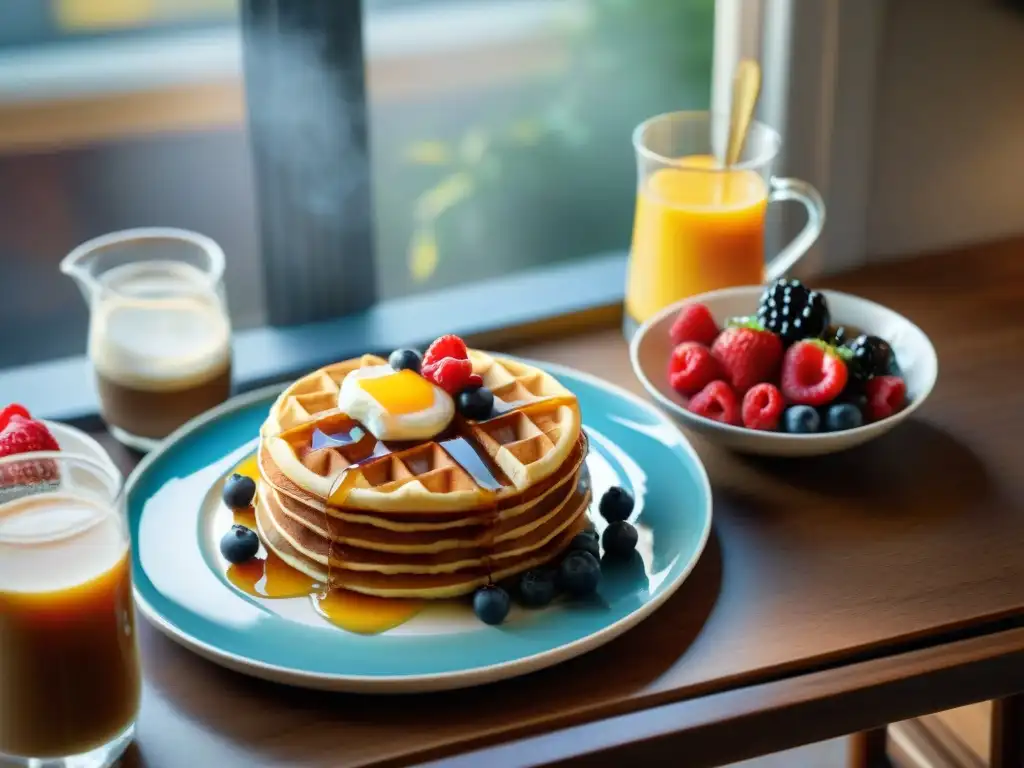 Desayuno dominical sin gluten: waffles, pancakes, frutas y café en mesa soleada