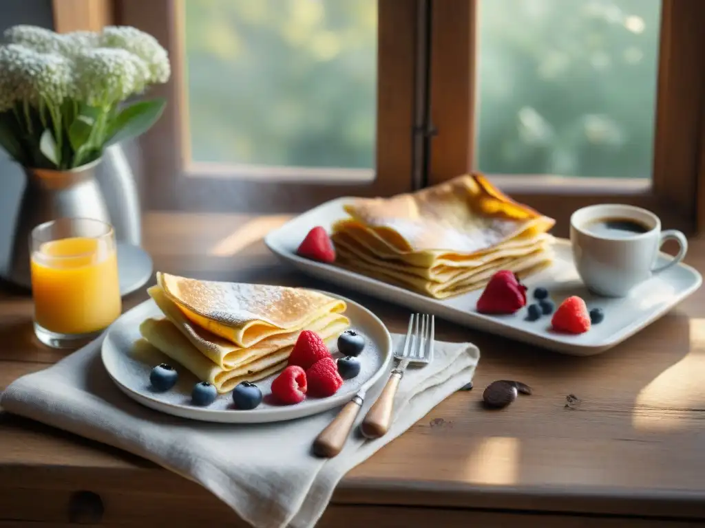 Un desayuno encantador con crepes sin gluten y café, en un ambiente acogedor