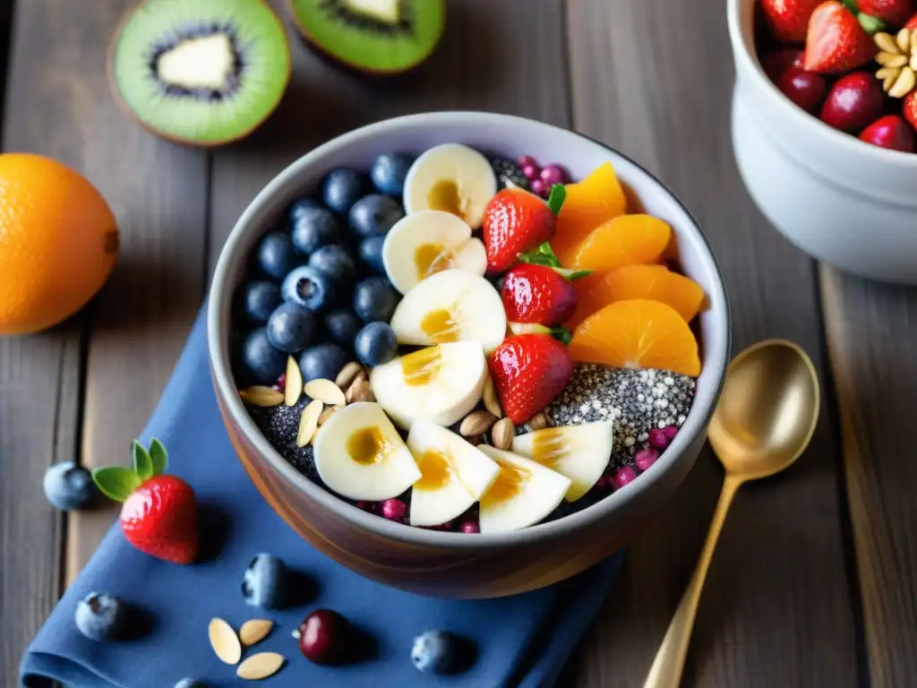 Un desayuno energético sin gluten con bowl de açaí y frutas frescas en una mesa rústica