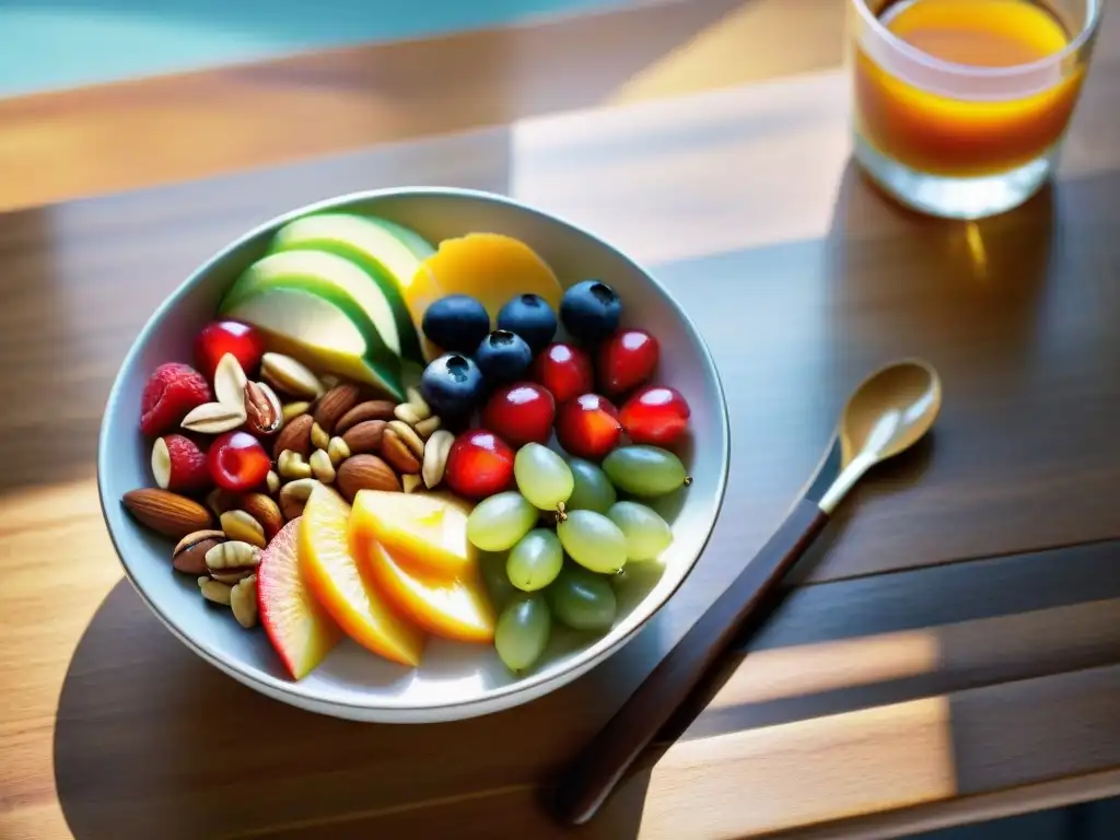 Un desayuno energético sin gluten: cuenco vibrante con frutas, frutos secos, semillas y miel, en una mesa de madera iluminada por la mañana