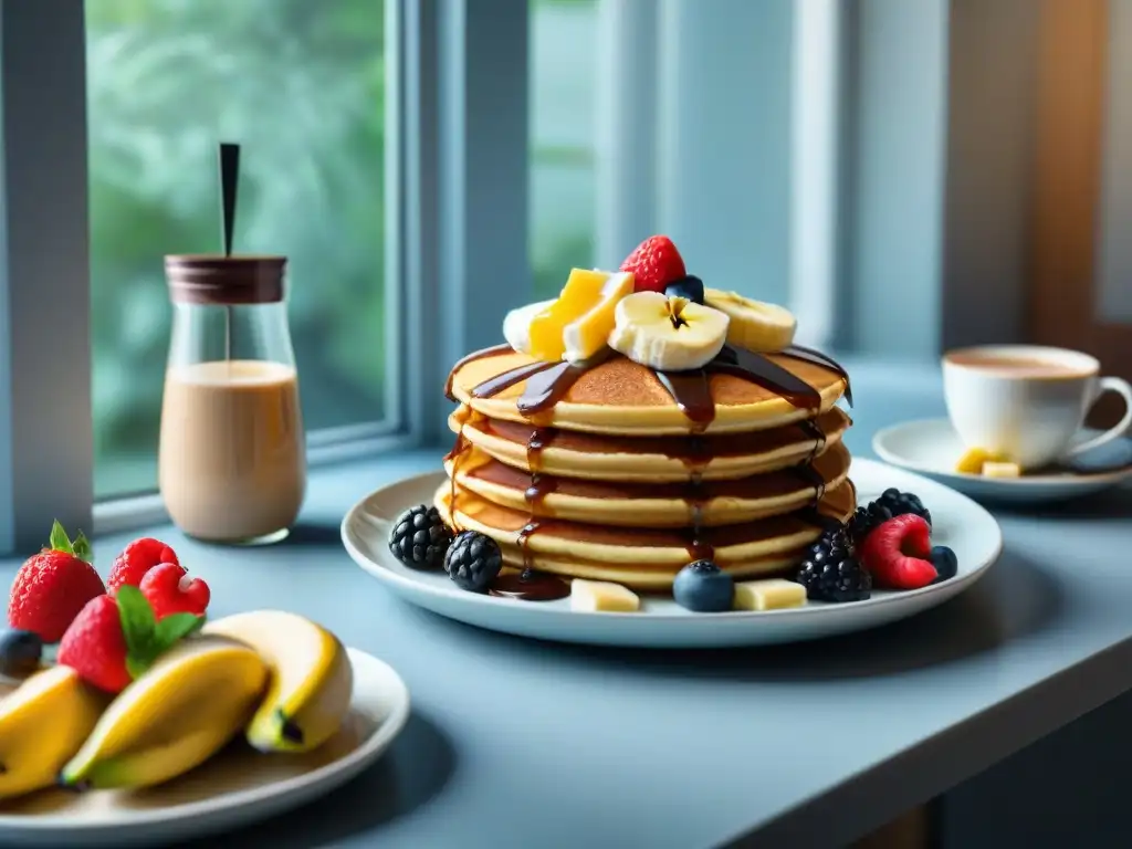 Un desayuno exquisito y colorido con pancakes y waffles sin gluten, decorados con frutas y siropes, listos para disfrutar