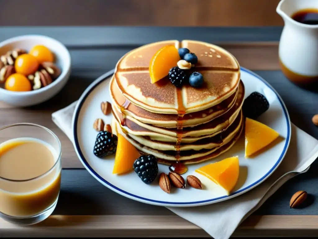 Desayuno exquisito con Ideas pancakes y waffles sin gluten en mesa elegante con frutas frescas y café