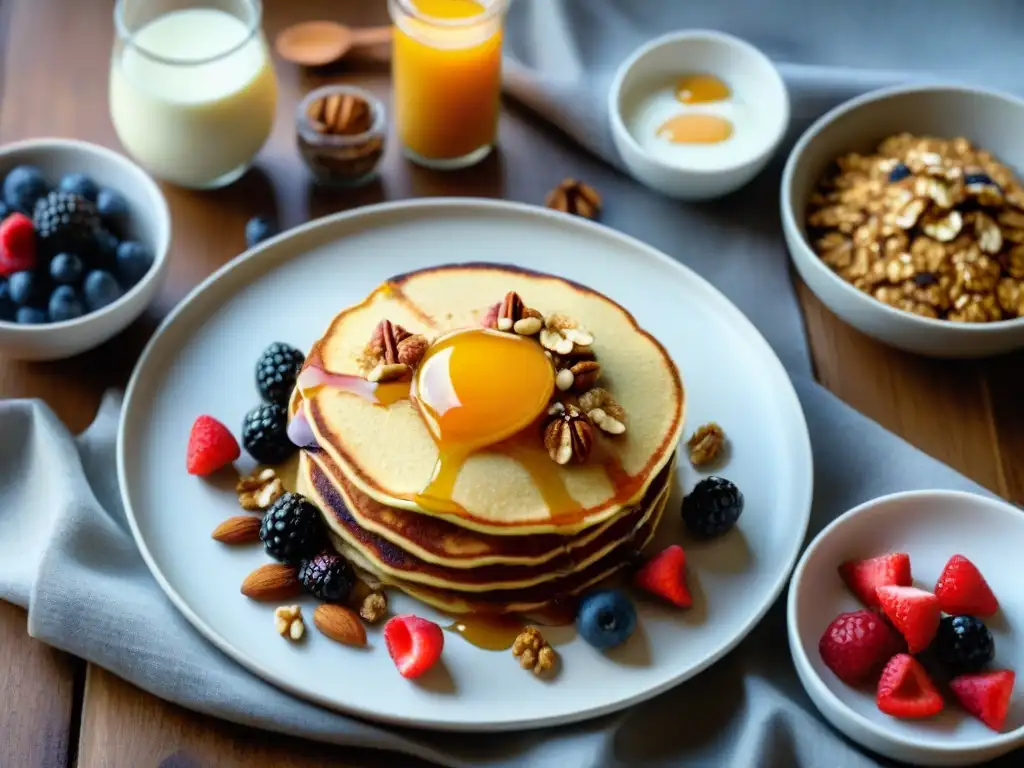 Un desayuno exquisito de recetas sin gluten con frutos secos en una mesa de madera elegantemente decorada con delicias matutinas