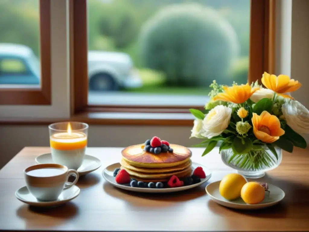 Un desayuno sin gluten fácil en una mesa elegante con un festín de frutas, muffins, café y panqueques, bañados en luz de mañana