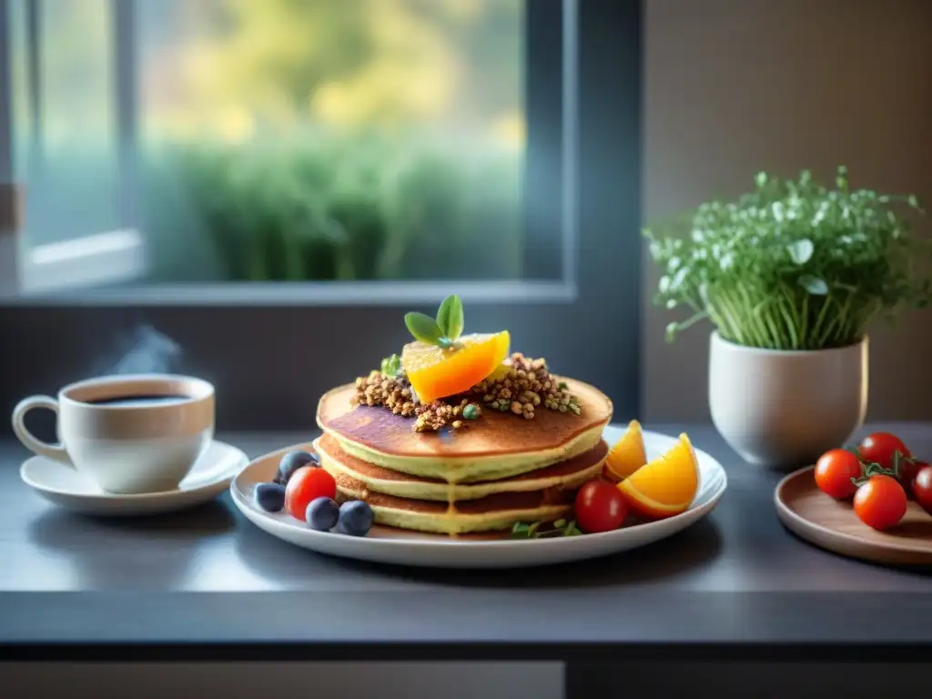 Un desayuno sin gluten fácil y saludable con acai bowl, panqueques y tostadas de aguacate en una mesa soleada