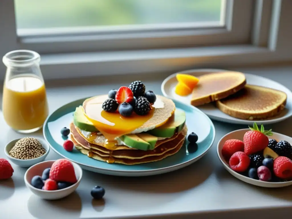 Un desayuno sin gluten para toda la familia: mesa colorida con fruta fresca, yogurt, tostadas de aguacate, pudín de chía y pancakes con bayas