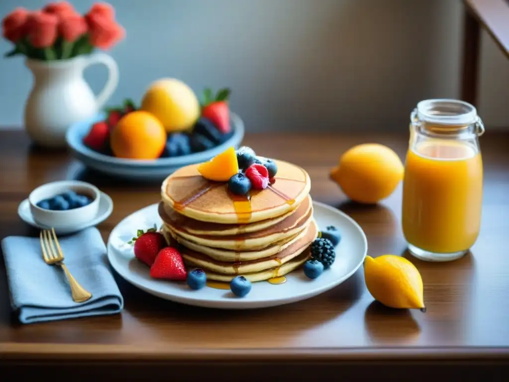 Desayuno familiar con pancakes y waffles sin gluten Un desayuno familiar feliz con panqueques sin gluten y frutas frescas