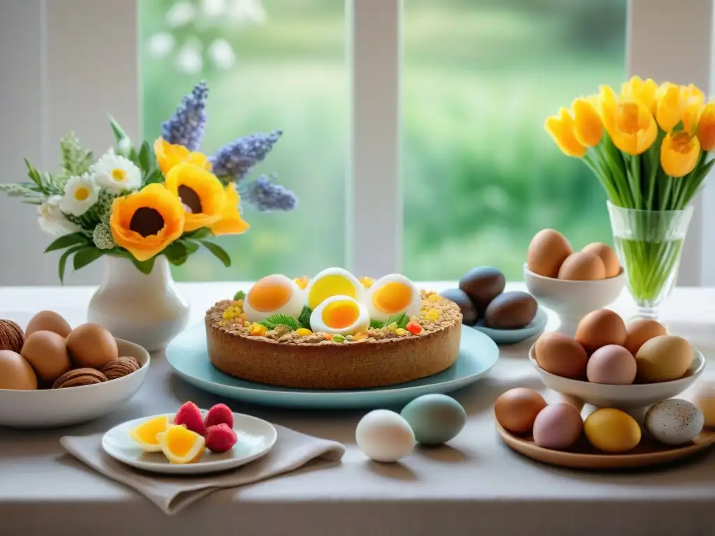 Un desayuno de Pascua sin gluten, abundante y festivo con frutas, pasteles y jugo de naranja, decorado con huevos y flores primaverales