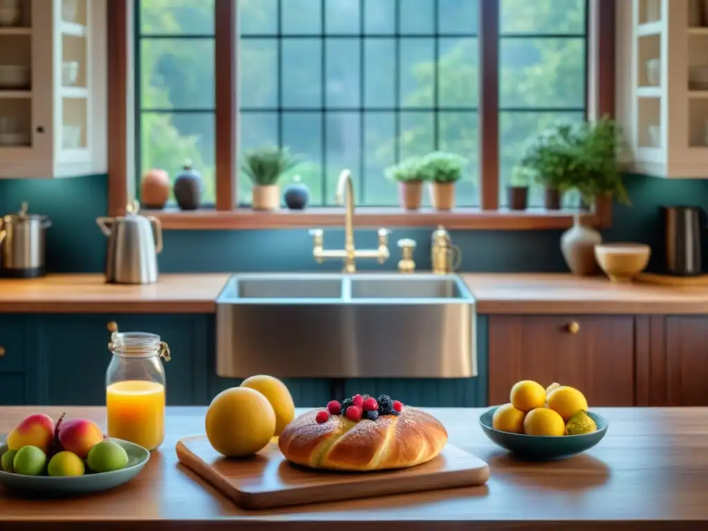 Desayuno sin gluten en alojamiento de Norteamérica, con frutas frescas, pastelería y café, creando un ambiente acogedor y amigable