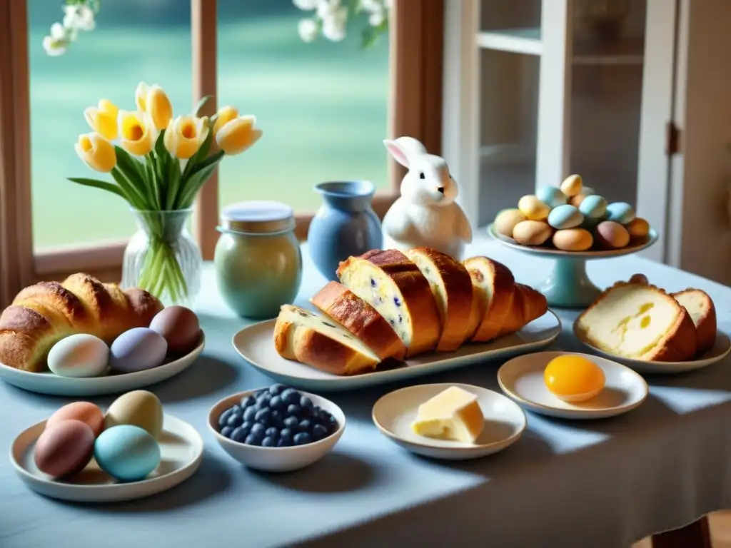 Un desayuno de Pascua sin gluten con croissants, muffins y frutas frescas, decorado con huevos y flores pastel