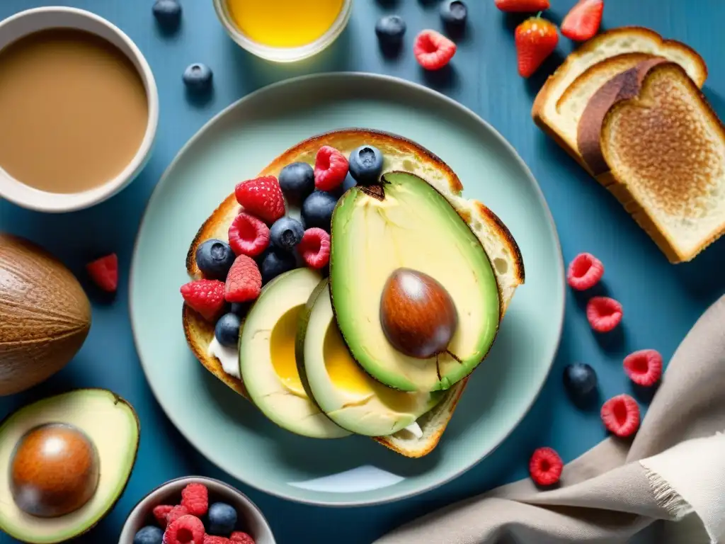 Un desayuno sin gluten delicioso y saludable: avocado, almendra, aceite de coco y bayas frescas en una mesa de madera bañada por la luz del sol