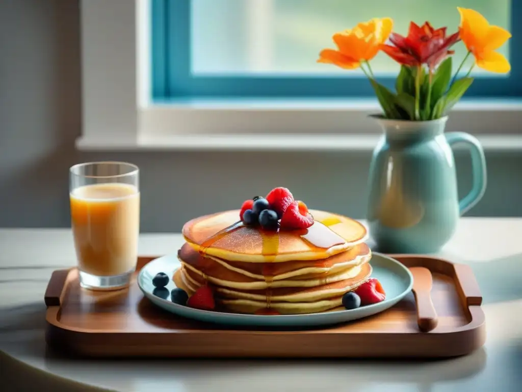 Un desayuno sin gluten delicioso y saludable en una bandeja de madera, con pancakes, frutas, bacon, jugo, y café en una mesa soleada y acogedora