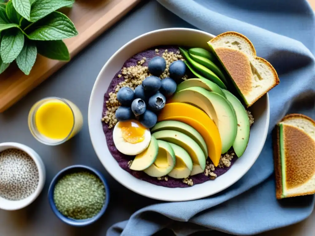 Un desayuno sin gluten delicioso y saludable en una mesa soleada y bien decorada con acai bowls, chía pudding y tostadas con aguacate