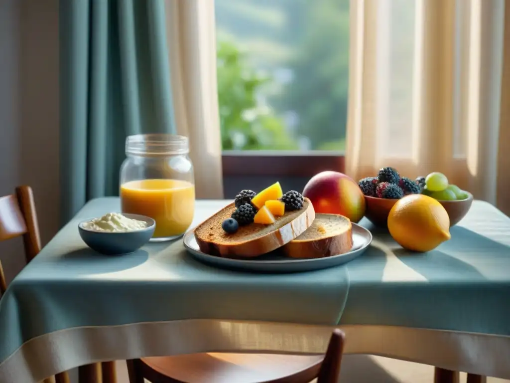 Un desayuno sin gluten delicioso y saludable en una mesa elegantemente decorada, bañada por la suave luz de la mañana