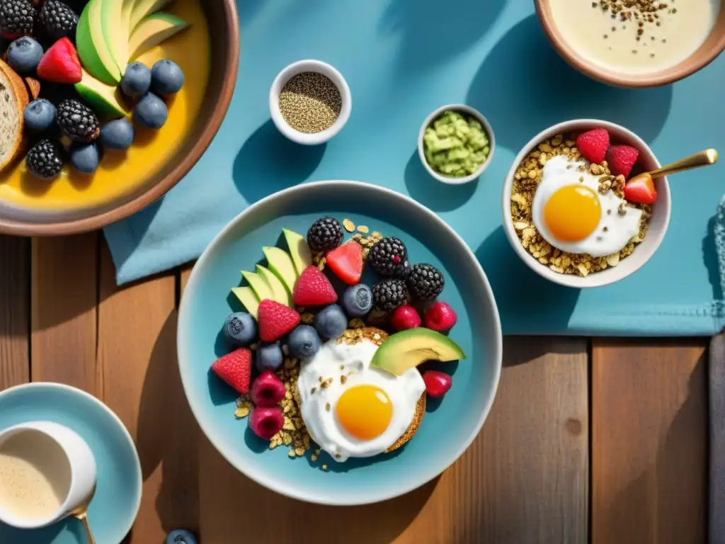 Un desayuno sin gluten delicioso y saludable con gran variedad de opciones frescas y coloridas en una mesa de madera rústica al amanecer