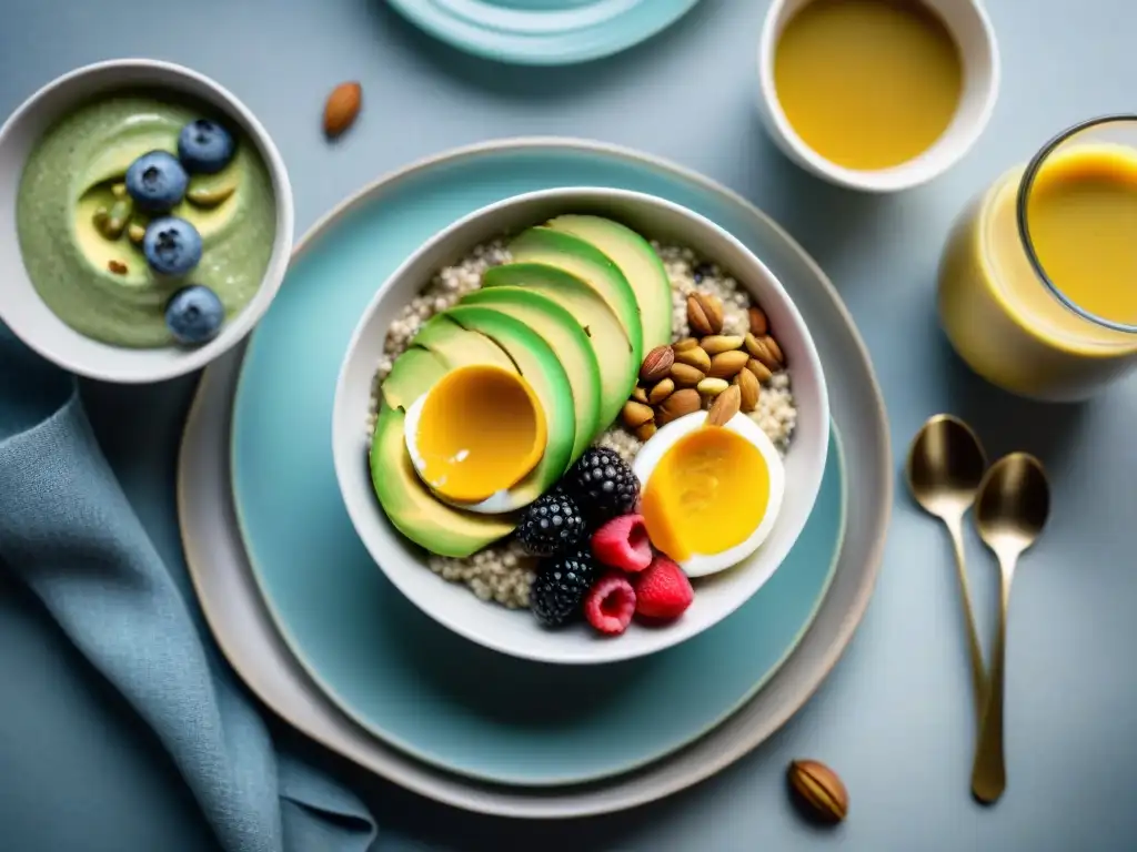 Un desayuno sin gluten delicioso y saludable en una mesa elegante y acogedora, con quinoa, aguacate, chía y smoothie bowl