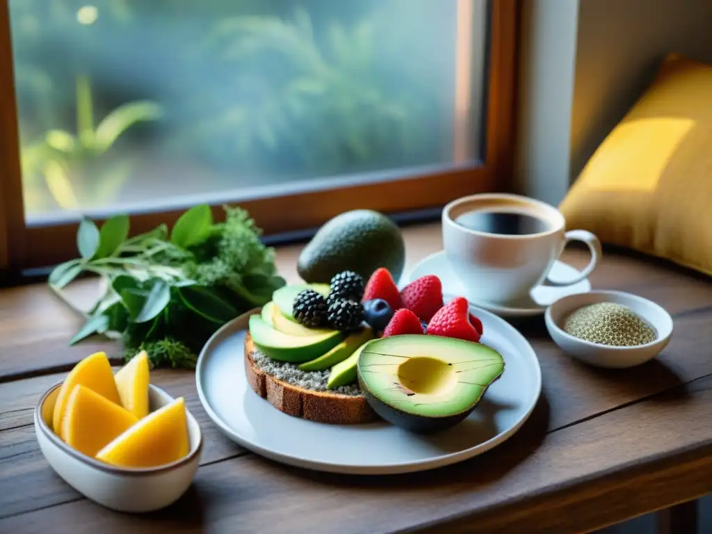 Un desayuno sin gluten delicioso y saludable en una mesa rústica con chia pudding, pan de aguacate, frutas y café artesanal