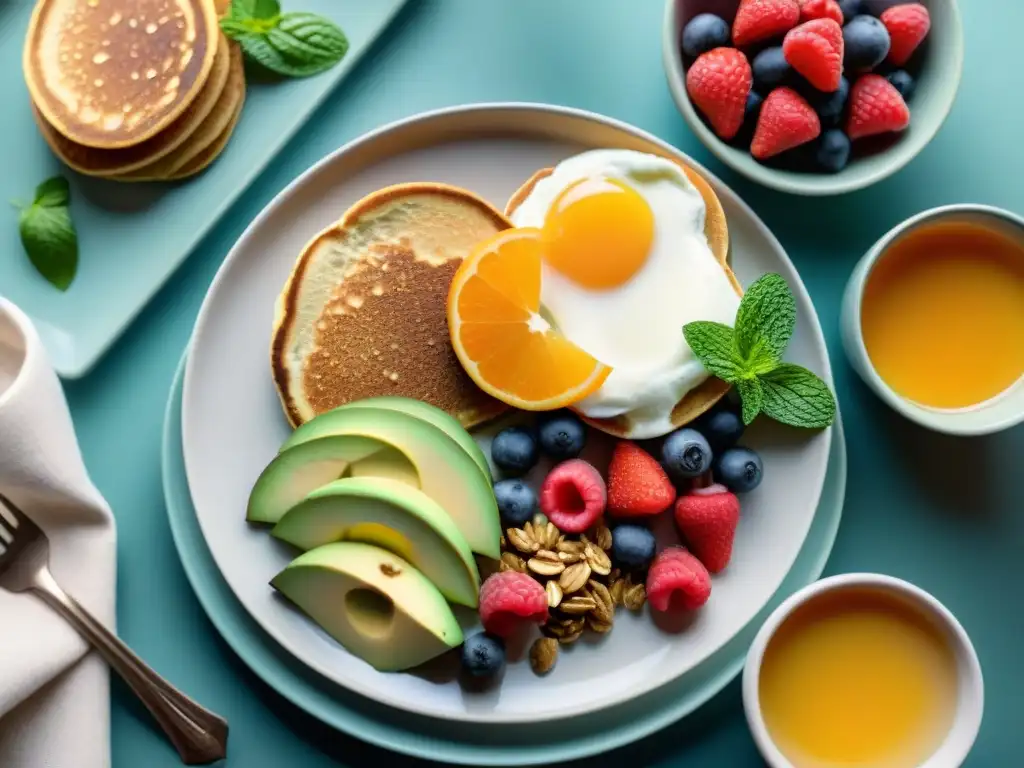 Desayuno sin gluten delicioso y saludable: Mesa con frutas, pancakes, yogurt, granola, aguacate y jugo de naranja al amanecer