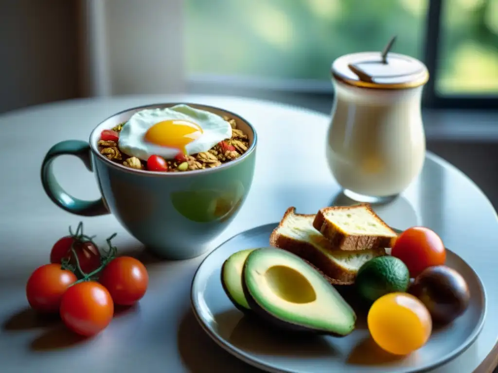 Un desayuno sin gluten delicioso y saludable en una mesa bellamente decorada cerca de la ventana con luz natural suave