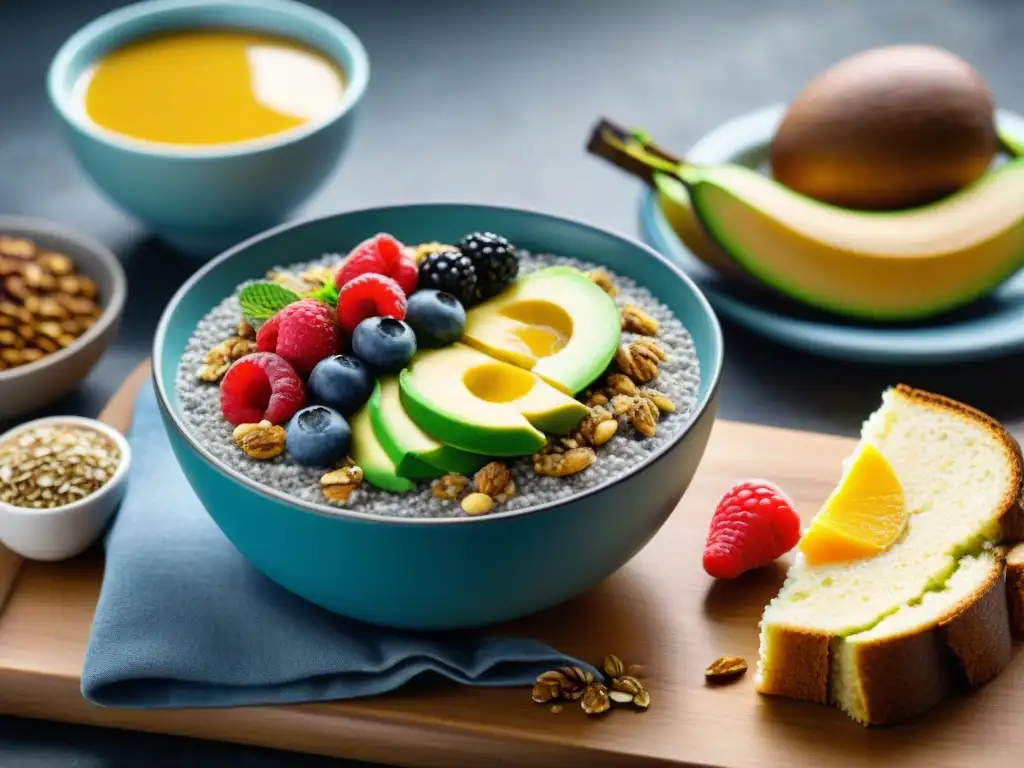 Un desayuno sin gluten para deportistas: chía, aguacate, smoothie bowl y café, en una mesa vibrante y soleada