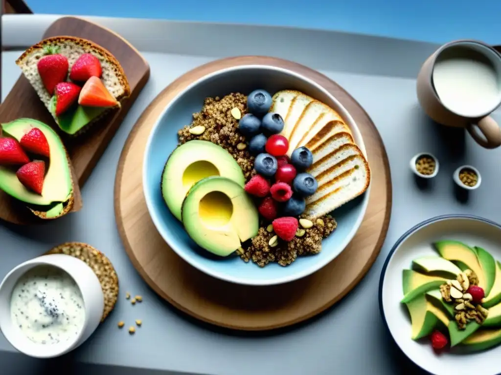 Un desayuno sin gluten para deportistas: chía, frutas, aguacate, yogur, granola y frutos secos en una mesa de madera con luz de mañana suave