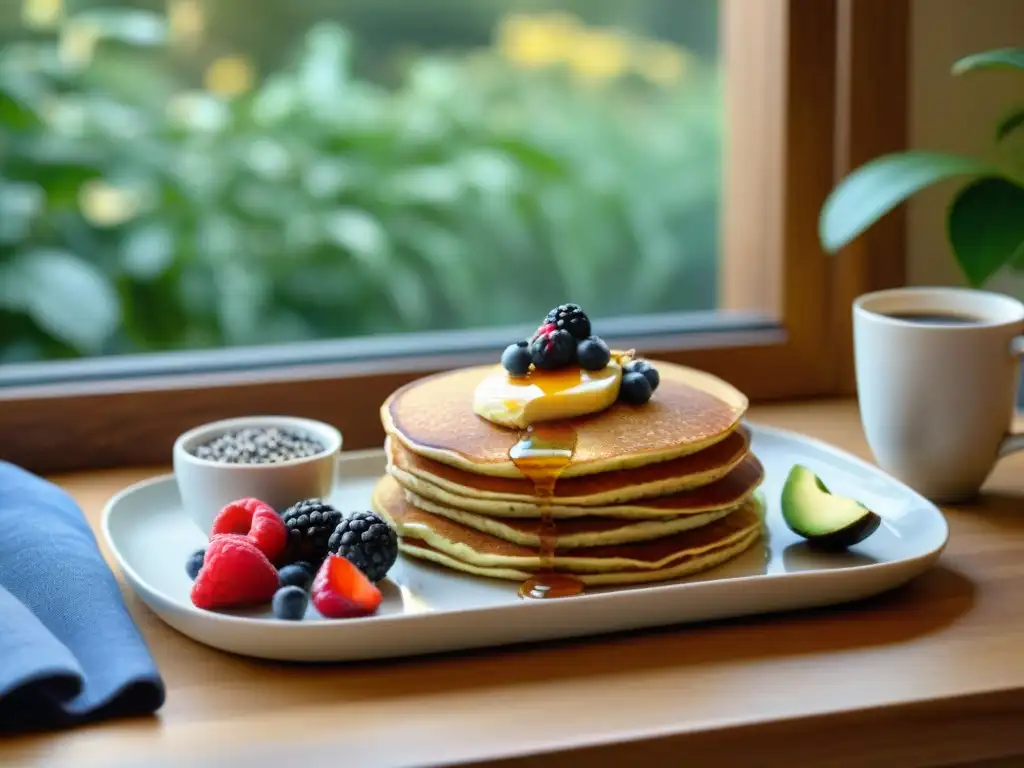 Un desayuno sin gluten energético en bandeja de madera con chía, panqueques, aguacate, yogurt, café y luz de mañana en jardín sereno