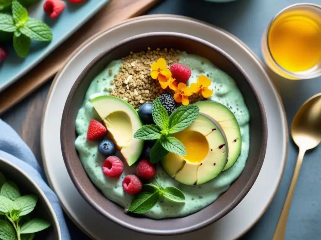 Un desayuno sin gluten energético con chía, aguacate y frutas, en una mesa rústica