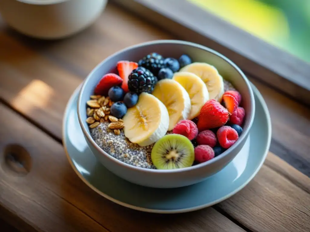 Un desayuno sin gluten energético e innovador: bol de chía con frutas, granola y miel, sobre mesa de madera al amanecer