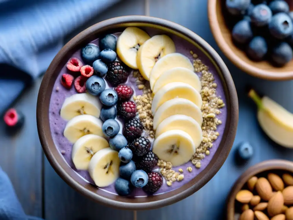 Desayuno sin gluten energético y saludable con chia, arándanos, almendras y plátano en bowl de acai y leche de coco, sobre mesa de madera rústica