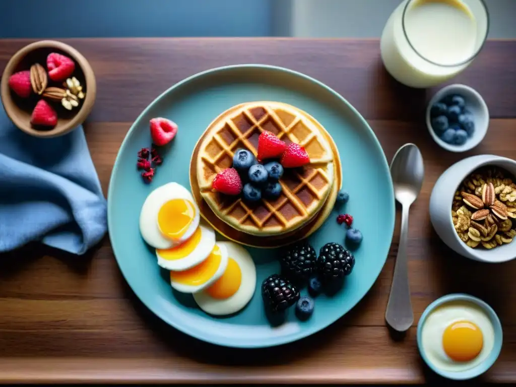 Un desayuno sin gluten energético y saludable con pancakes, waffles, frutas frescas, granola y yogur, en una mesa rústica iluminada por luz natural