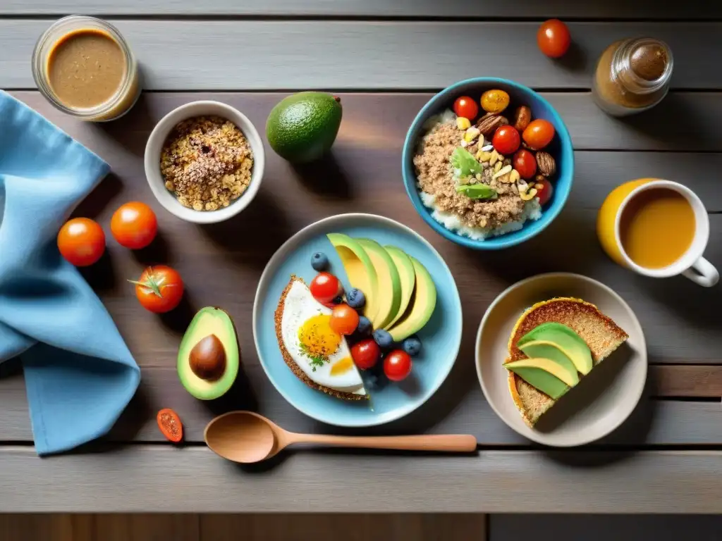 Un desayuno sin gluten energético y saludable en una mesa rústica, con frutas frescas, granola, pudding de chía y tostadas de aguacate