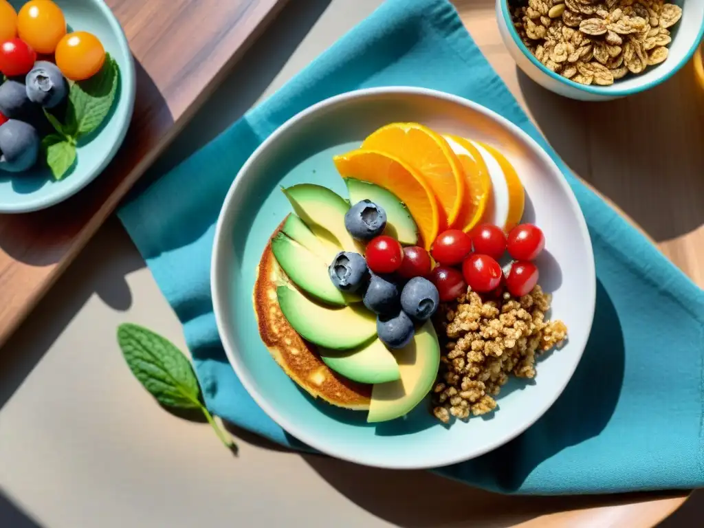 Un desayuno sin gluten energético y saludable en una mesa de madera con acai bowl, pancakes, tostadas de aguacate, café y jugo de naranja