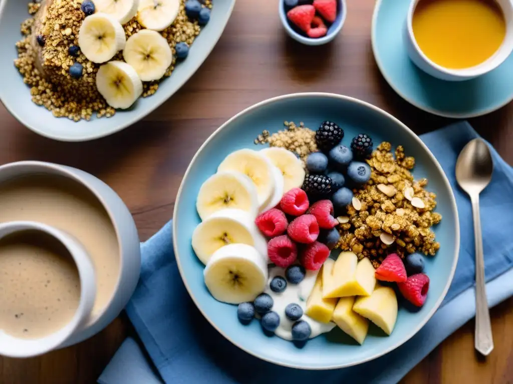 Un desayuno sin gluten energético con chia, granola, pancakes y smoothie bowl en una mesa de madera acogedora