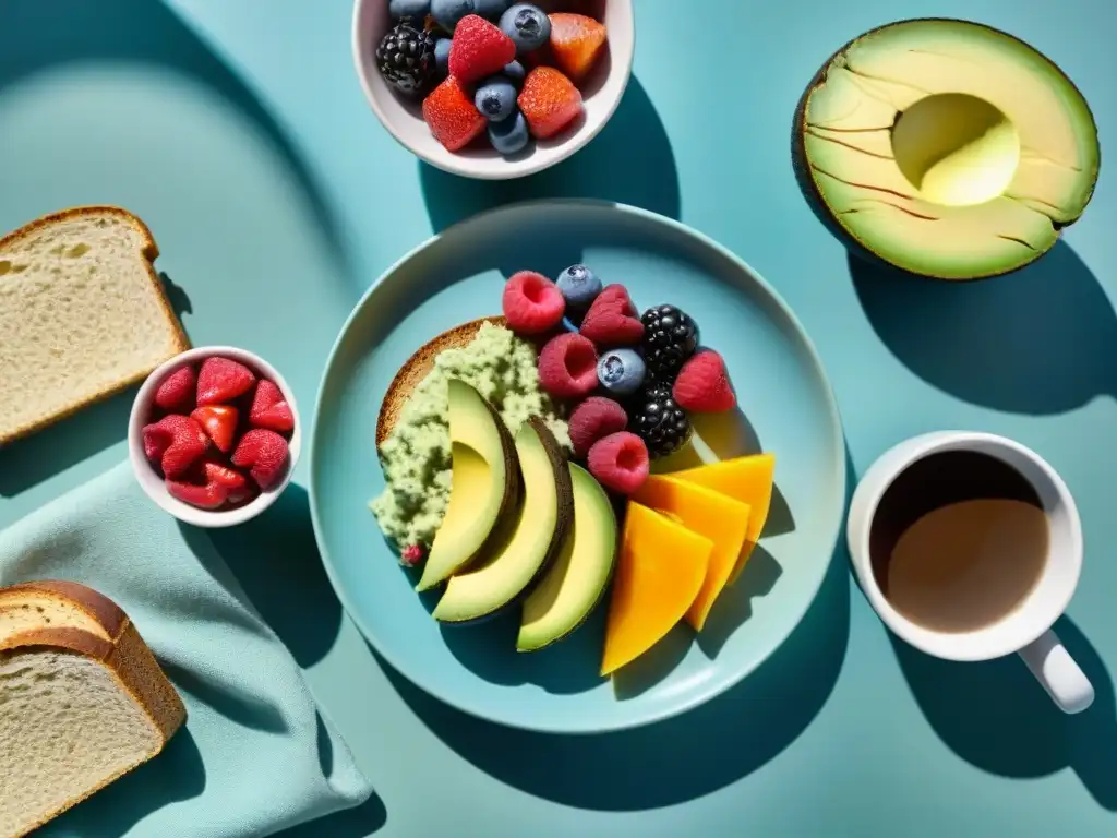 Un desayuno sin gluten energético: chía pudding, tostada de aguacate, ensalada de frutas y café