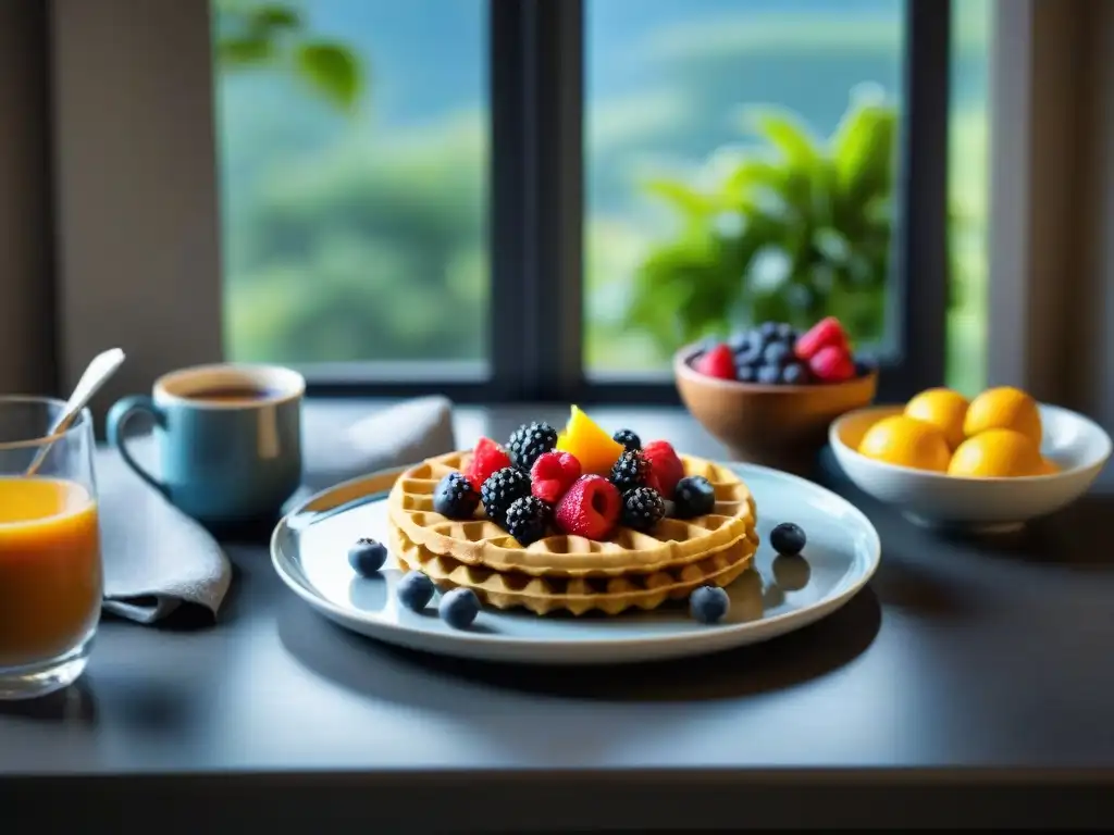 Un desayuno sin gluten energizante: chía, frutas, waffles y café, bañados por la luz matutina en un jardín sereno