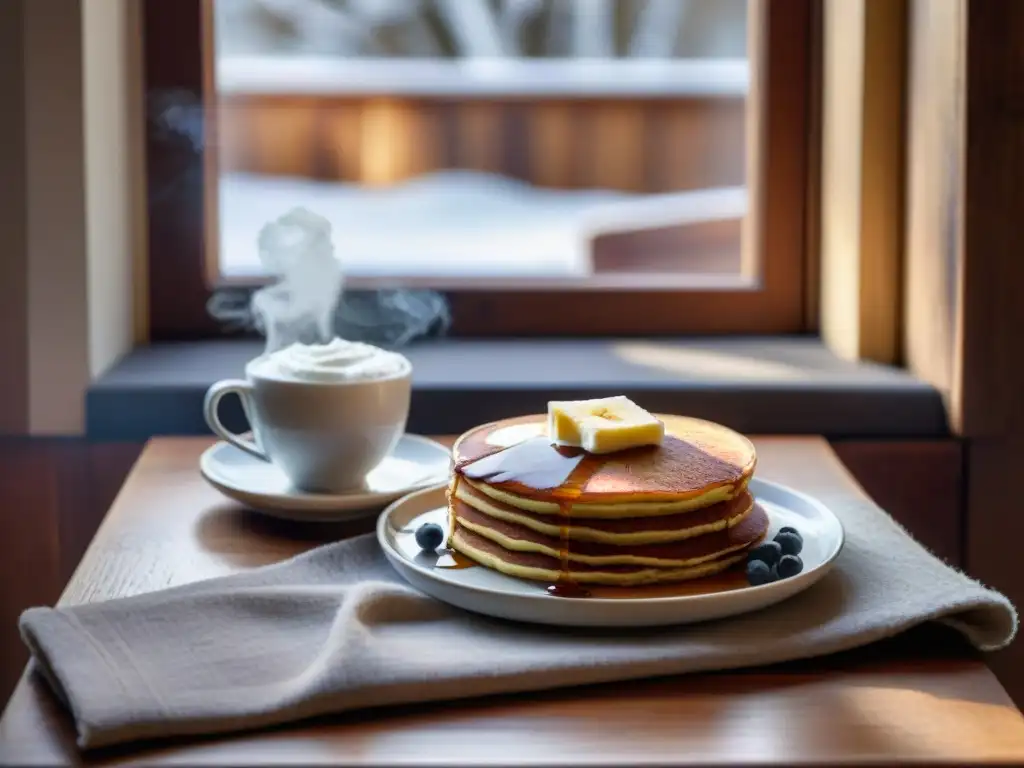 Un desayuno sin gluten energizante de invierno en una mesa rústica con hot cocoa, pancakes, frutas y banana bread