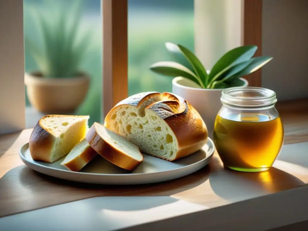 Un desayuno sin gluten energizante en una mesa de madera con pan recién horneado, mermeladas caseras, aguacate y café recién hecho al amanecer