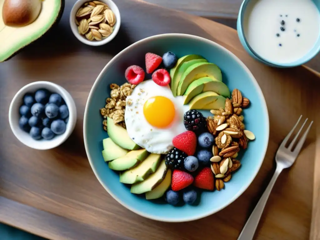 Un desayuno sin gluten energizante en una mesa rústica con frutas frescas y opciones paleo