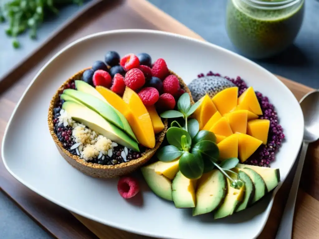 Un desayuno sin gluten energizante con acai bowls, chía pudding, pan de aguacate y frutas tropicales vibrantes en una mesa elegante con luz natural