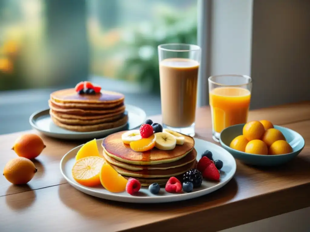 Un desayuno sin gluten equilibrado con frutas, panqueques, jugo y café, bañado por la cálida luz del sol